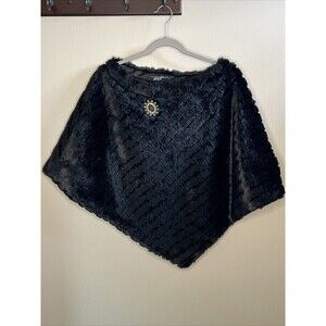 Black Rivet Poncho Women's One Size Black Faux Rabbit Fur Boat Neck Shawl Poncho